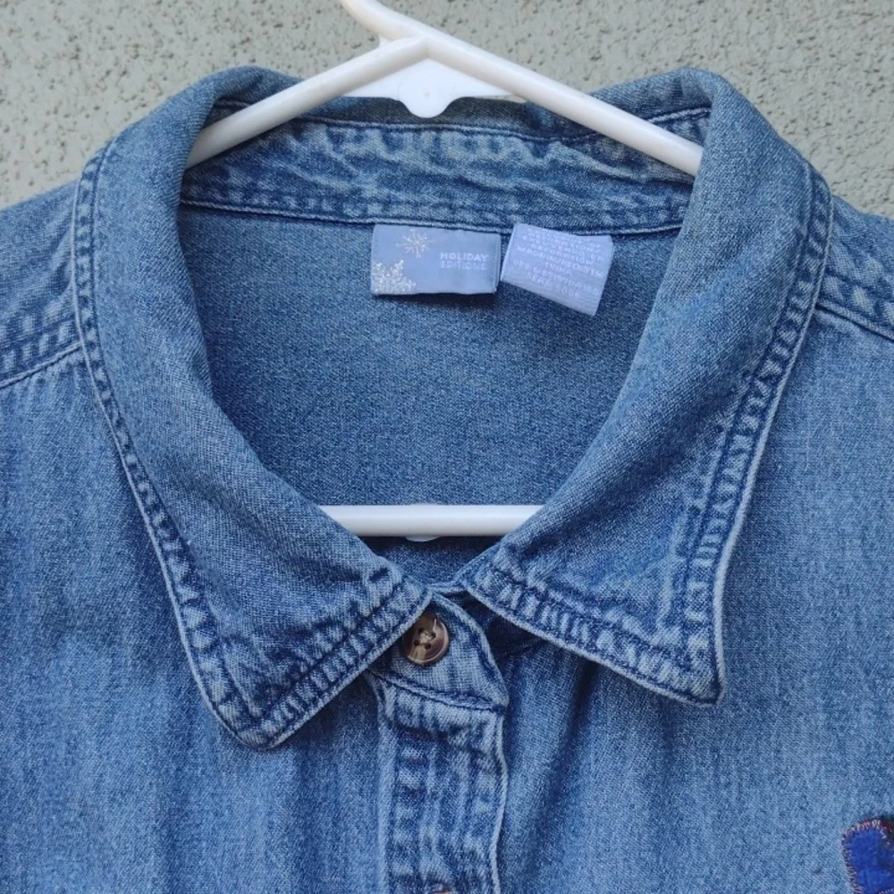 Holiday Editions Blue Chambray Christmas Snowmen Felt Applique Shirt Women's 2X - Picture 3 of 9